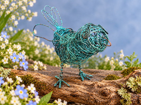 Cheeky Little Copper Wire Wren Sculpture with Blue Patina