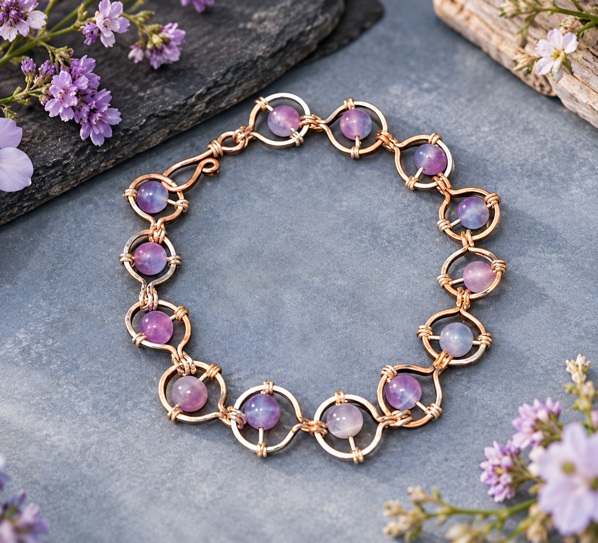 Handmade Two-Tone Link Bracelet with Sea Blue & Lavender Purple beads
