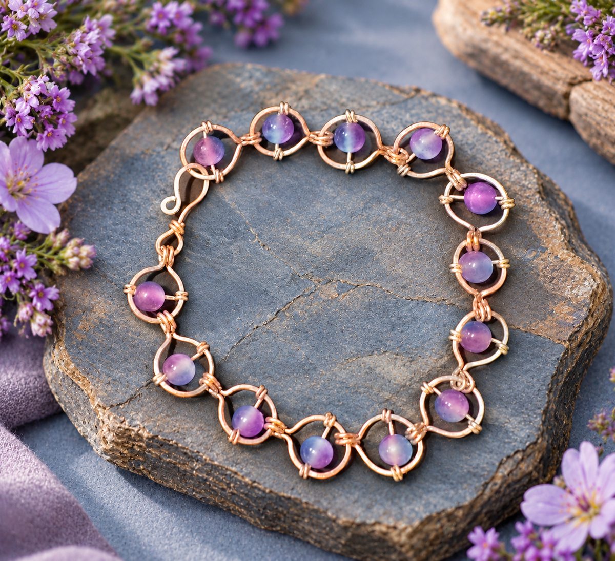 Handmade Two-Tone Link Bracelet with Sea Blue & Lavender Purple beads