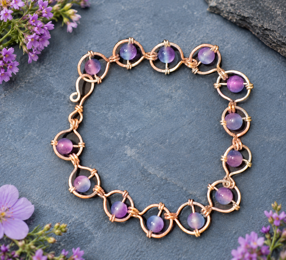 Handmade Two-Tone Link Bracelet with Sea Blue & Lavender Purple beads
