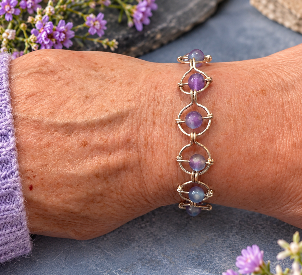 Handmade Two-Tone Link Bracelet with Sea Blue & Lavender Purple beads