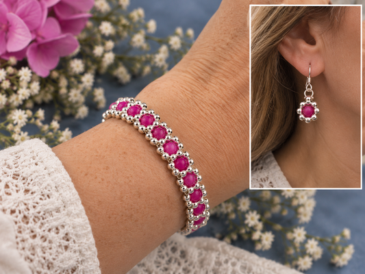 Fuchsia pink floral beaded bracelet worn on a wrist, with an inset showing the matching drop earring.
