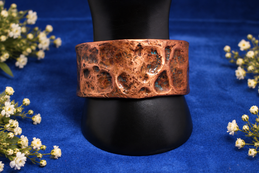 Wide Hammered Copper Bangle with a Hint of Blue Patina