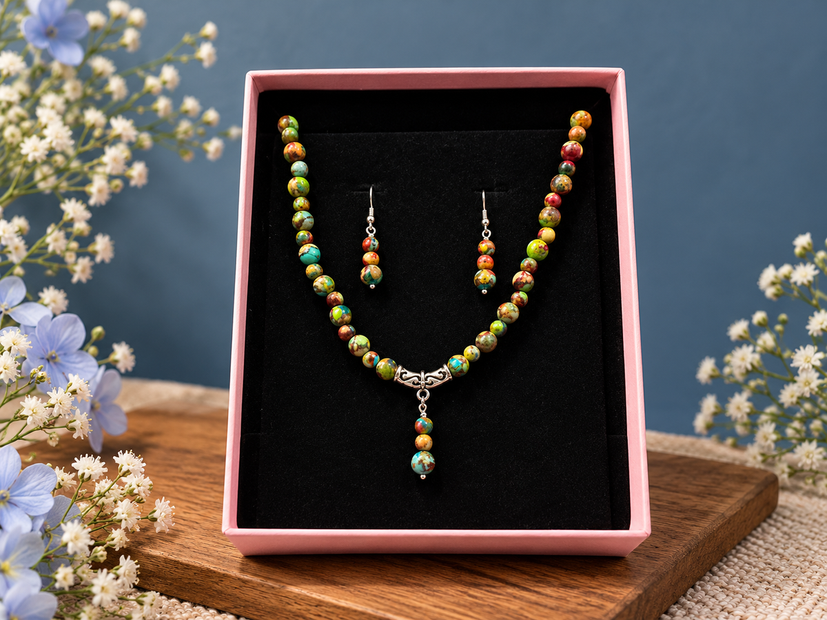 Colourful Sea Sediment Jasper-Style Necklace & Earrings Set