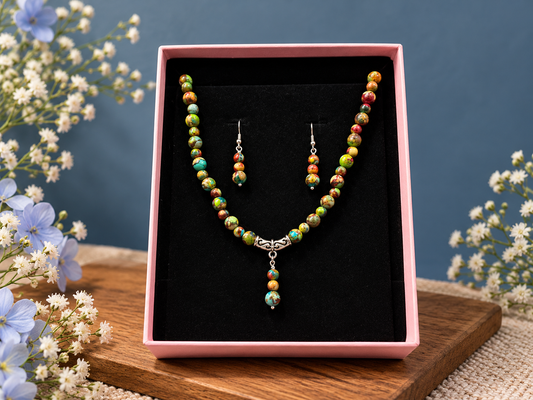 Colourful Sea Sediment Jasper-Style Necklace & Earrings Set