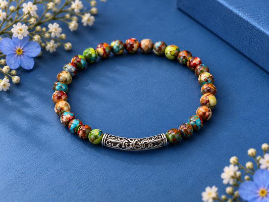 Colourful Sea Sediment Jasper-Style Unisex Beaded Bracelet