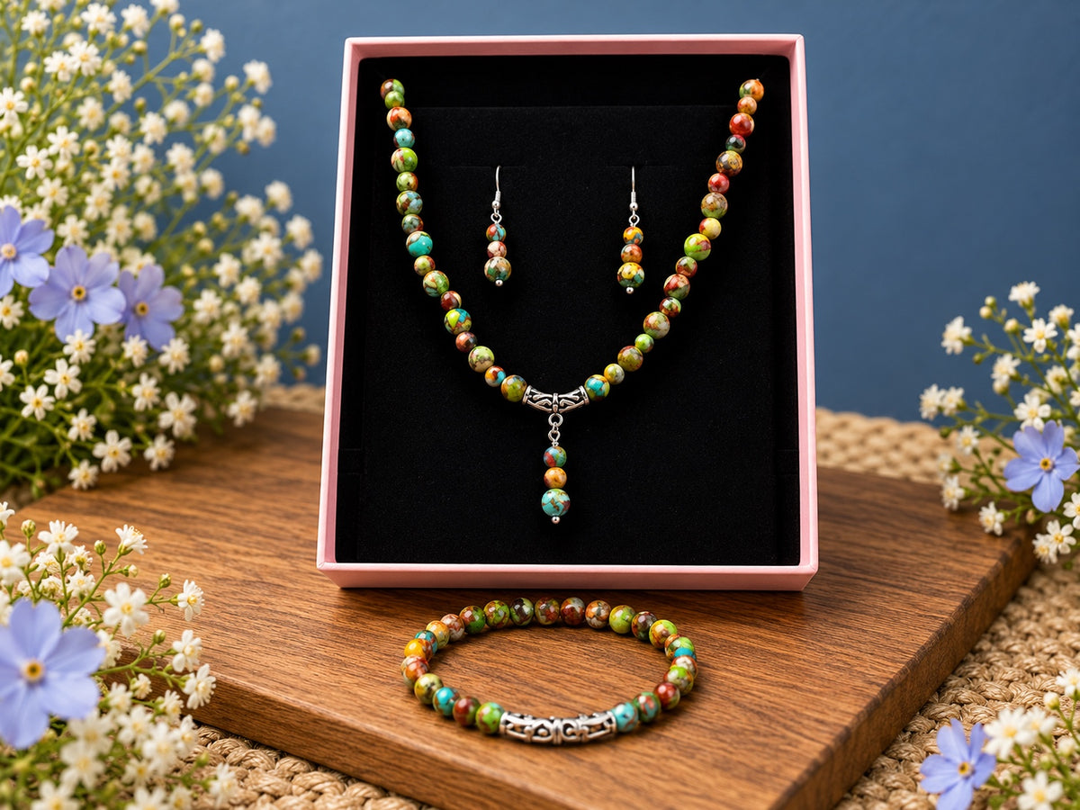 Colourful Sea Sediment Jasper-Style Necklace & Earrings Set
