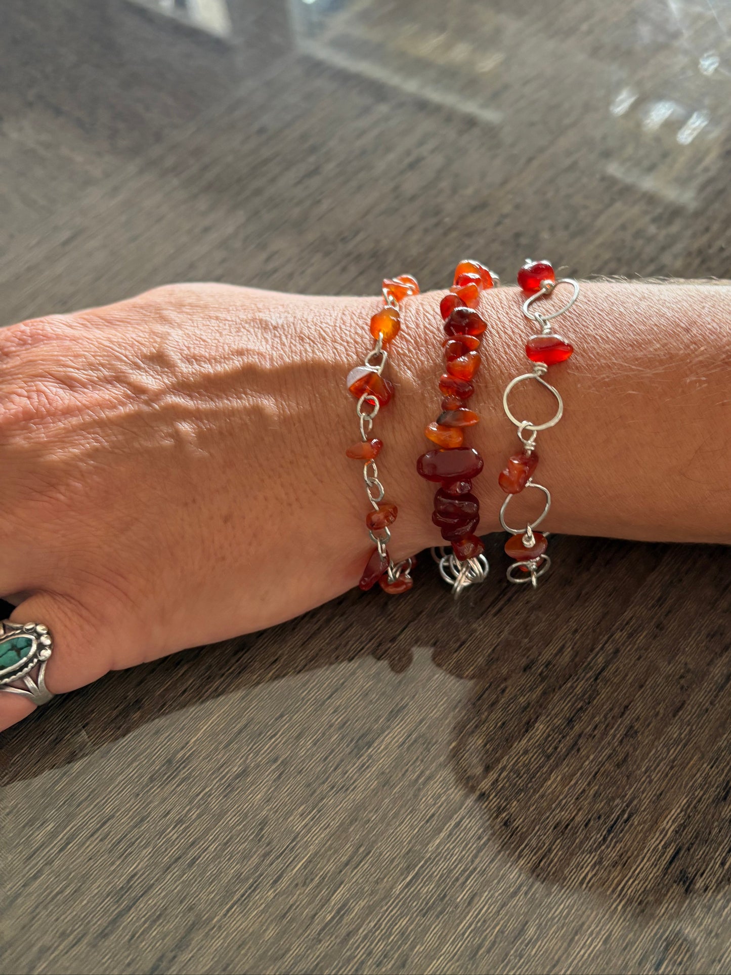 3 Carnelian Chip & sterling Silver mixed handmade Links Bracelet Set