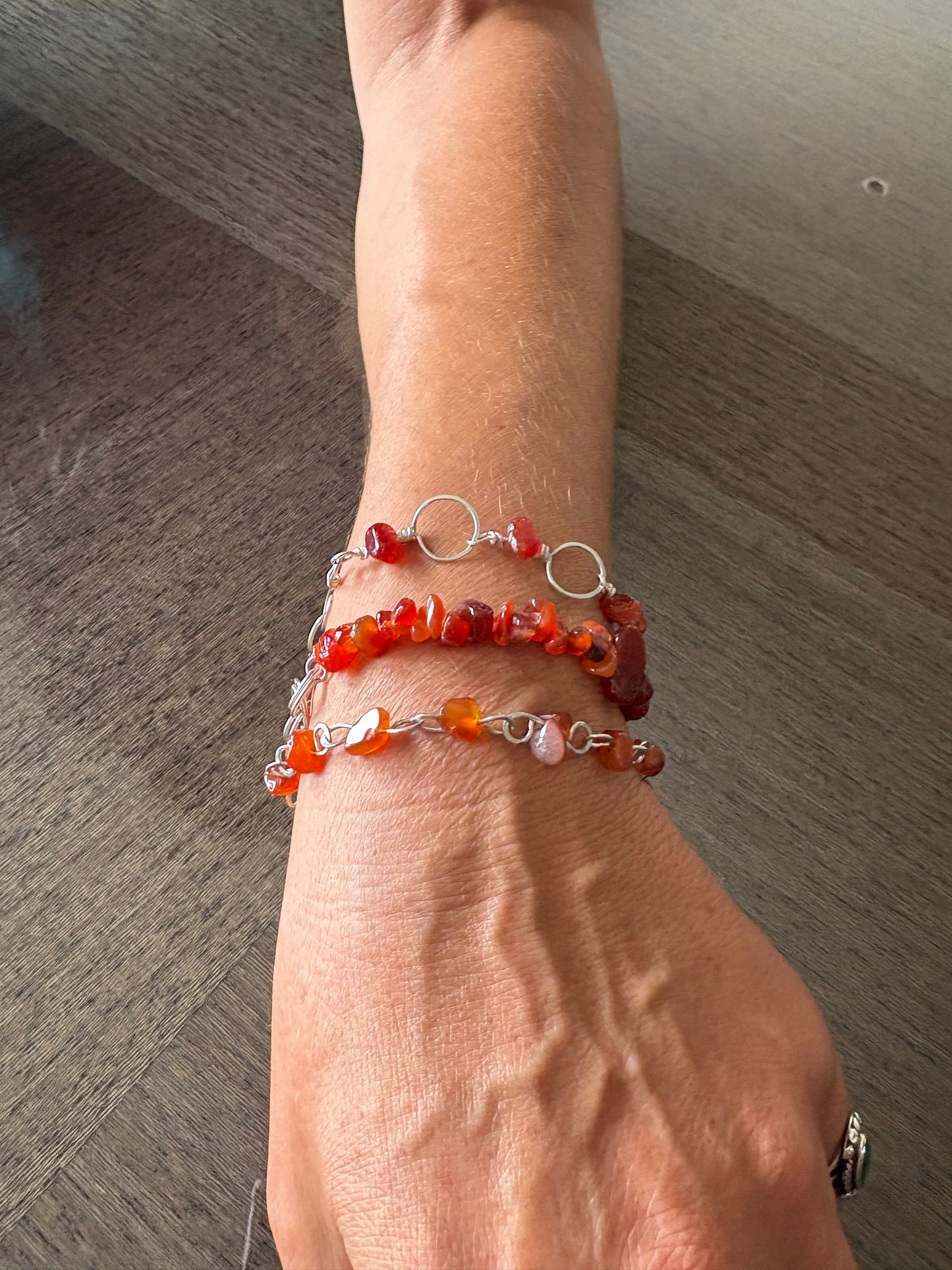 3 Carnelian Chip & sterling Silver mixed handmade Links Bracelet Set