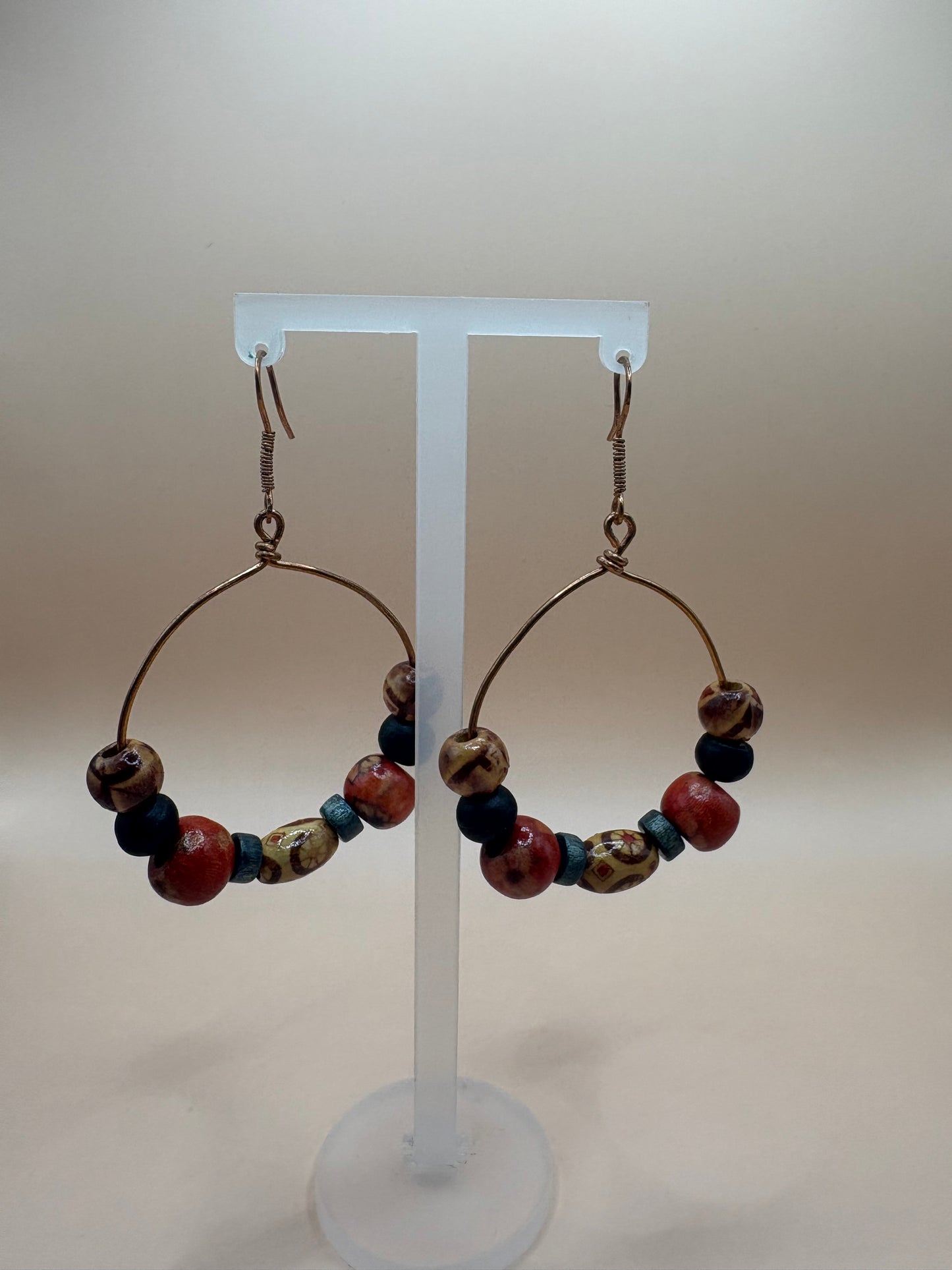 Copper Wire Earrings with Wooden Beads