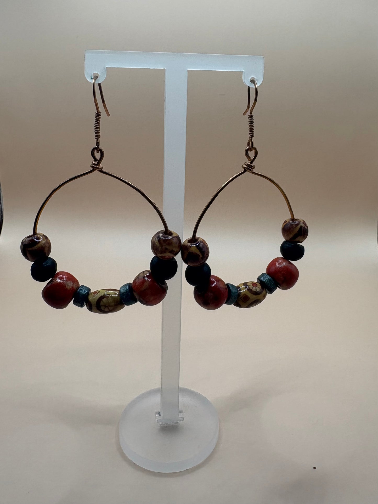 Copper Wire Earrings with Wooden Beads