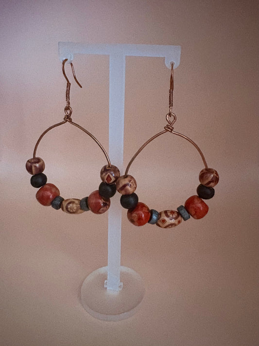 Copper Wire Earrings with Wooden Beads