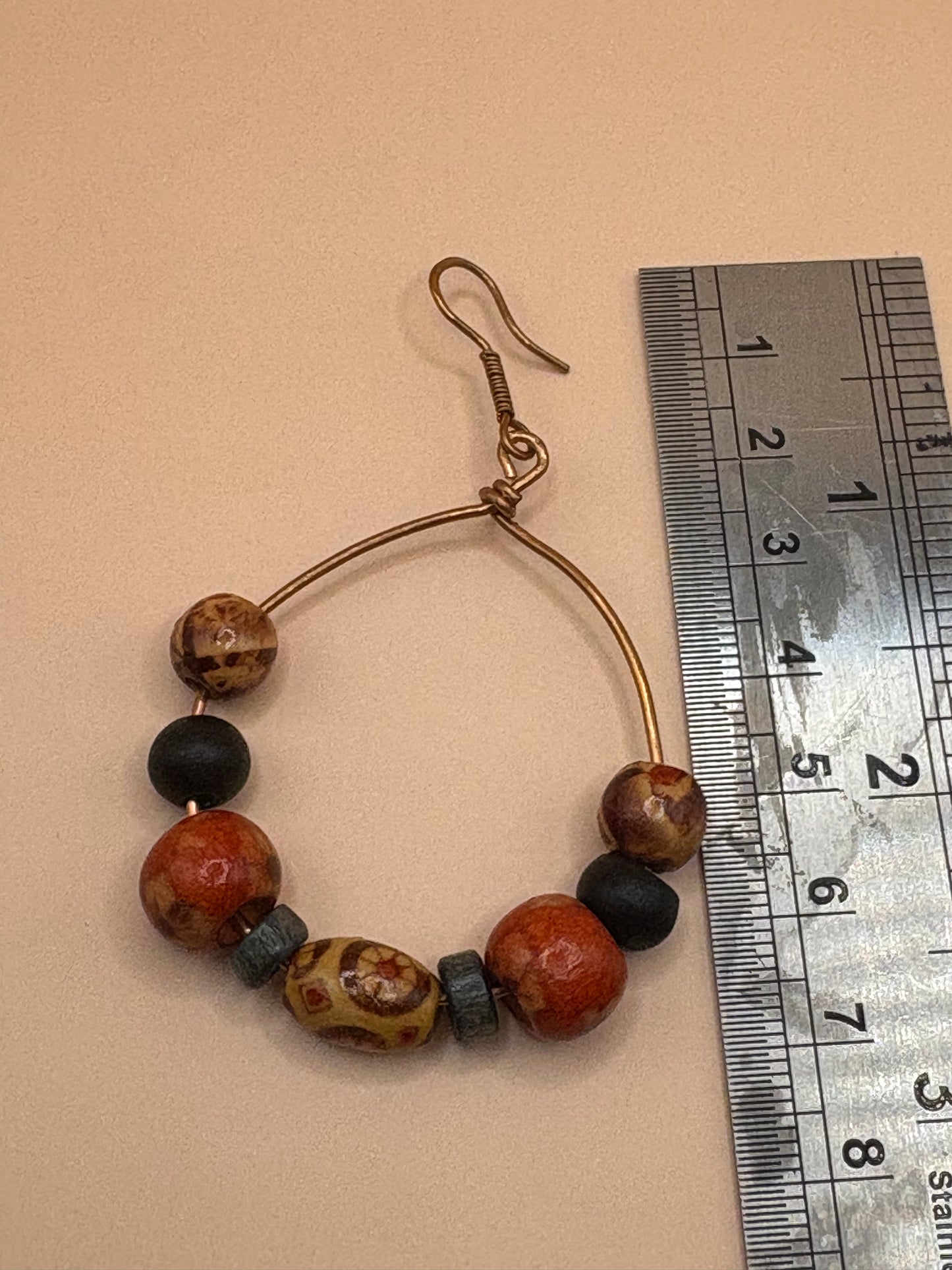 Copper Wire Earrings with Wooden Beads