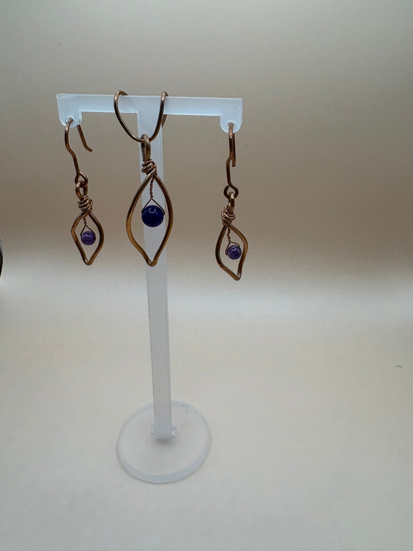 Copper Wire Earrings and pendant set with amethyst Gemstone Beads