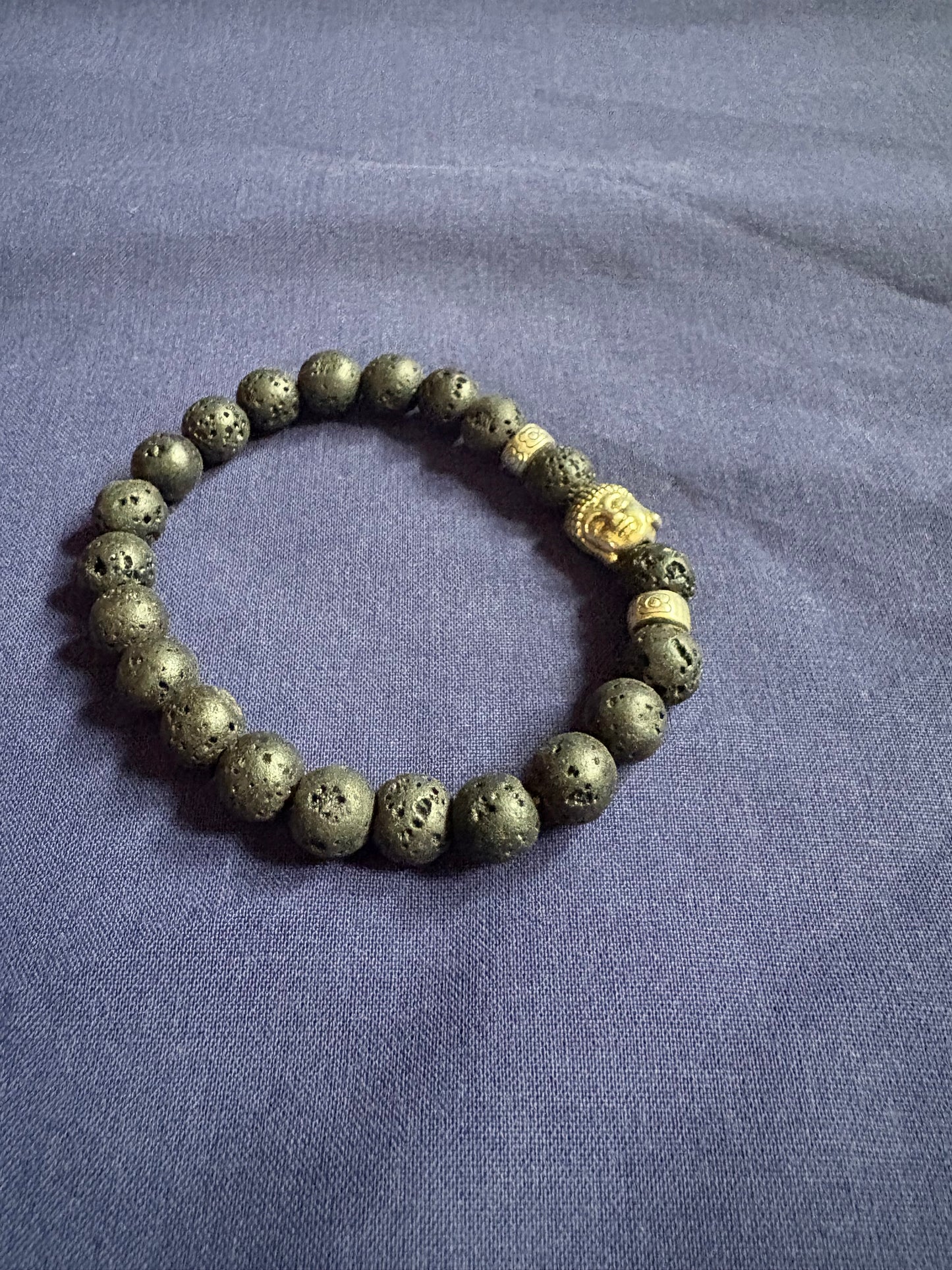 Black Lava Stone (basalt) Beaded Bracelet with silver Buddha bead