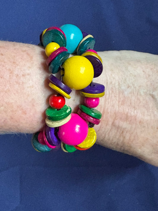 Chunky Multicolour Wooden Bead Boho  Style Bracelet