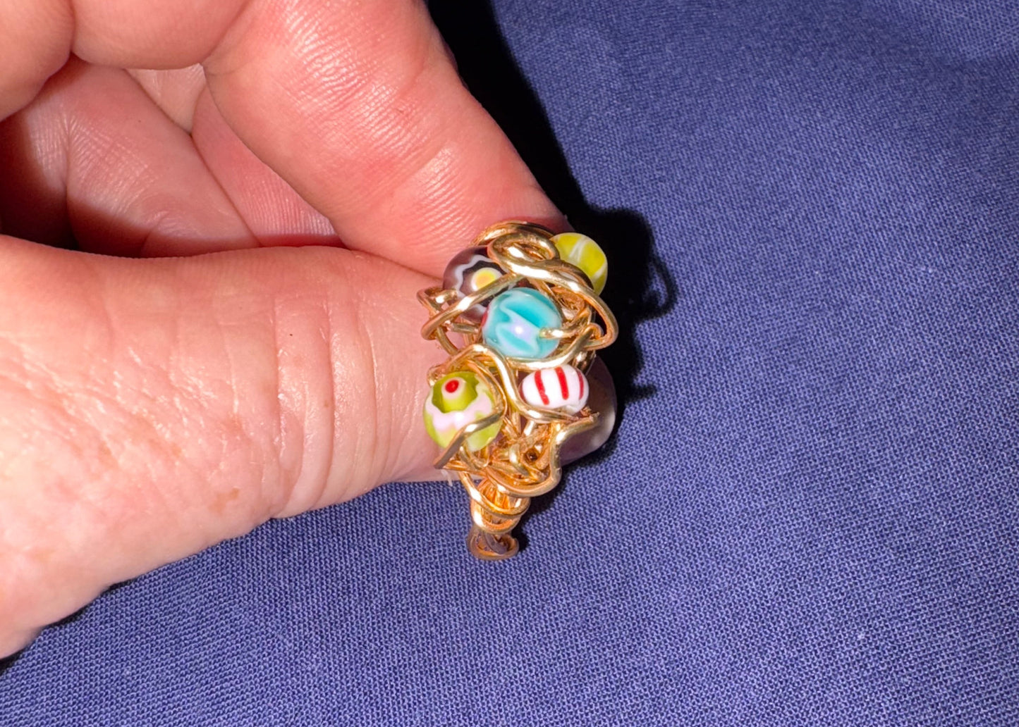 Gold Coloured Wire Ring with Multicolour Beads – Handmade