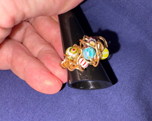 Gold Coloured Wire Ring with Multicolour Beads – Handmade