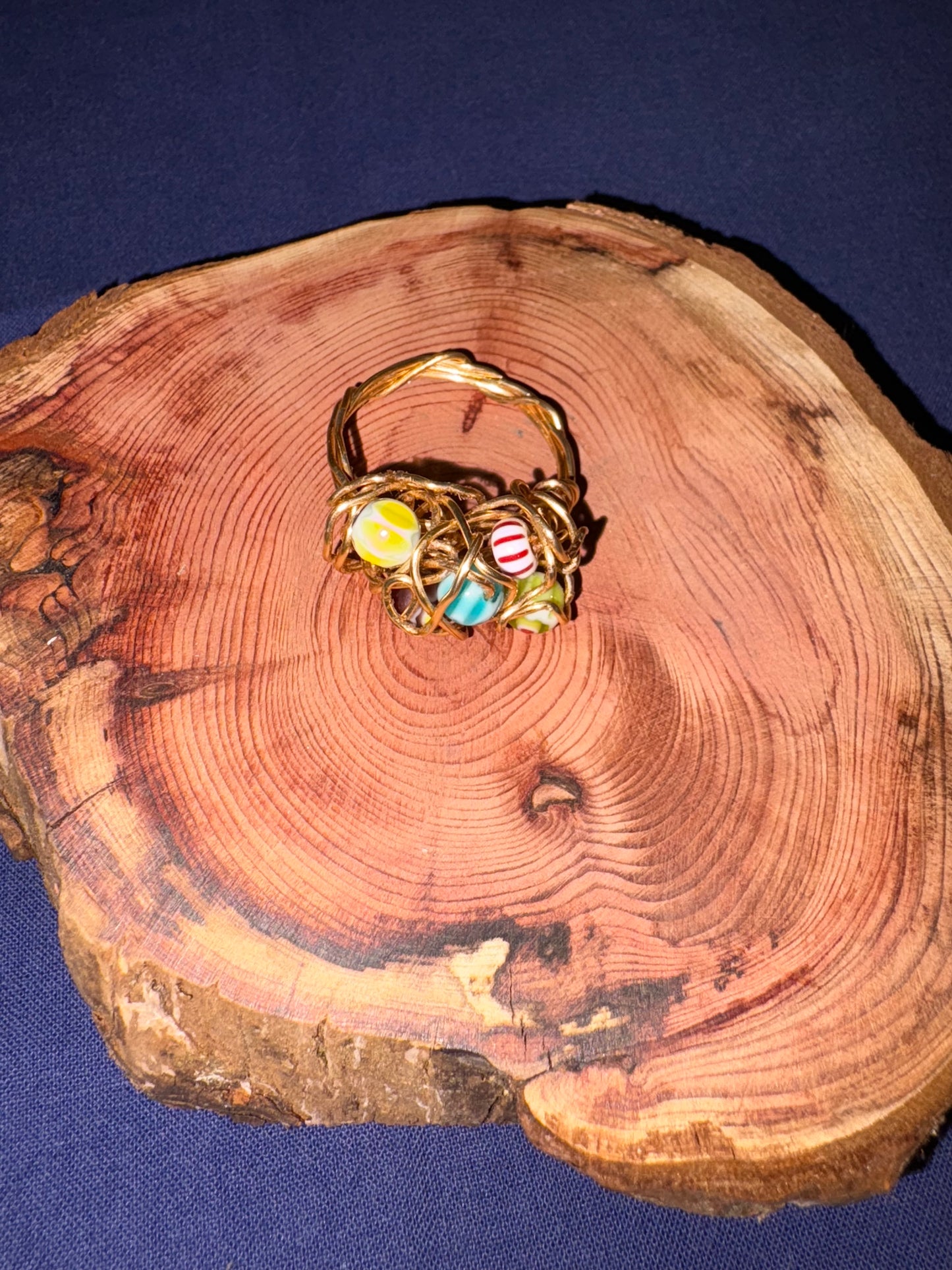 Gold Coloured Wire Ring with Multicolour Beads – Handmade
