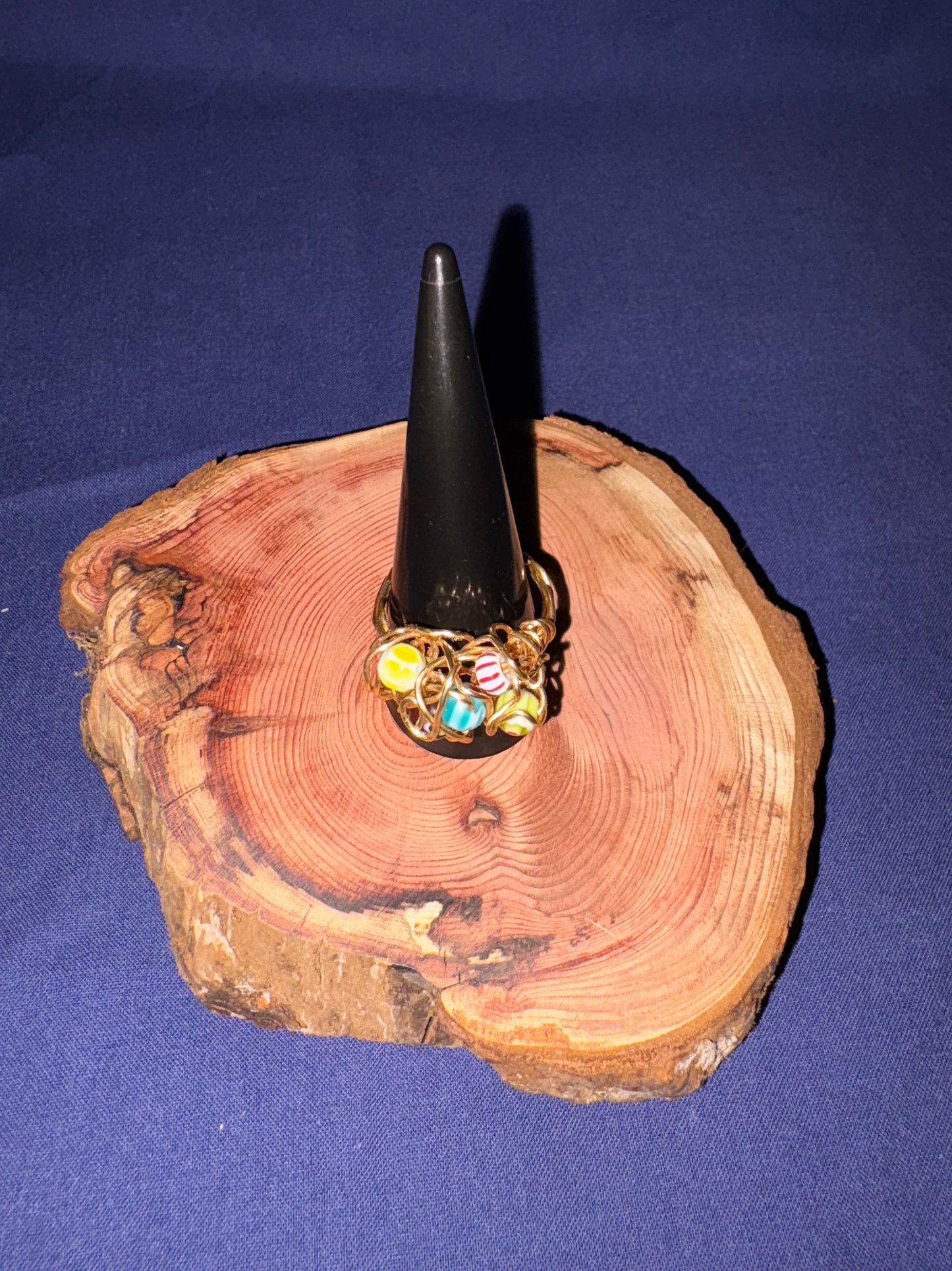 Gold Coloured Wire Ring with Multicolour Beads – Handmade