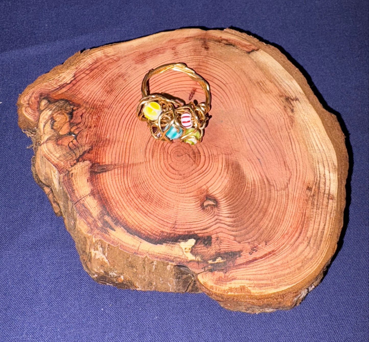 Gold Coloured Wire Ring with Multicolour Beads – Handmade