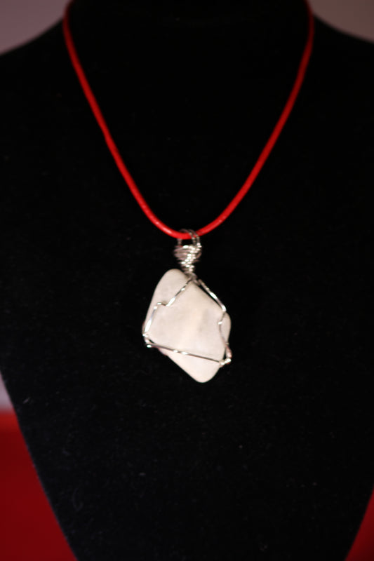 White Natural Stone Pendant with Silver coloured Wire on red ord– Handmade Necklace