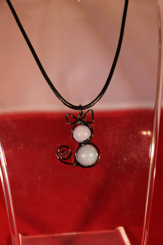 Wire Wrapped Glass Bead Cat Pendant on Black Leather Cord