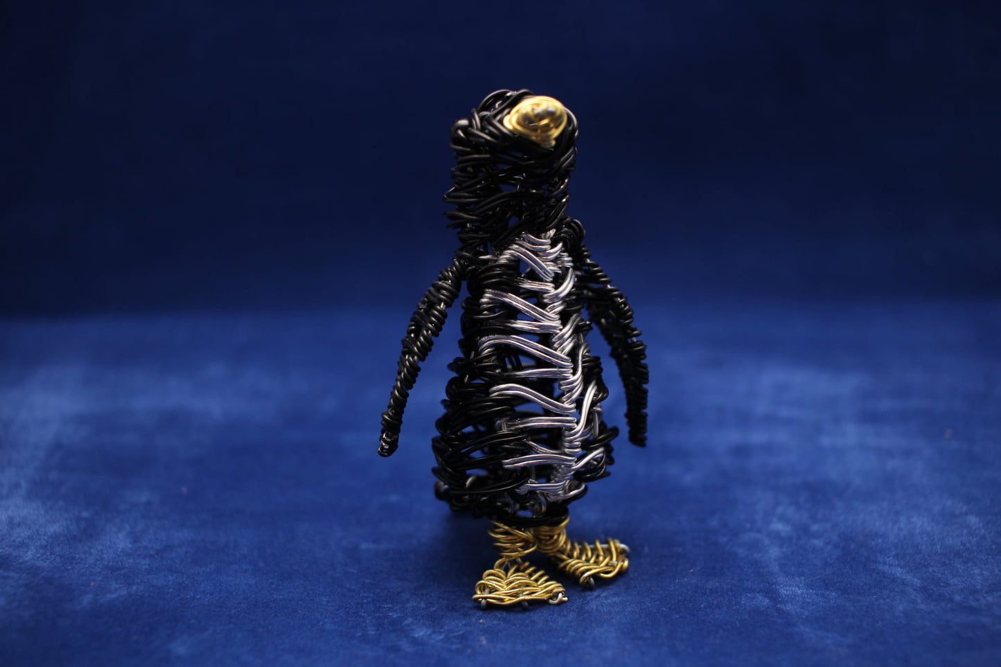 Black Silver & Gold Wire Penguin Sculpture – Handmade Art