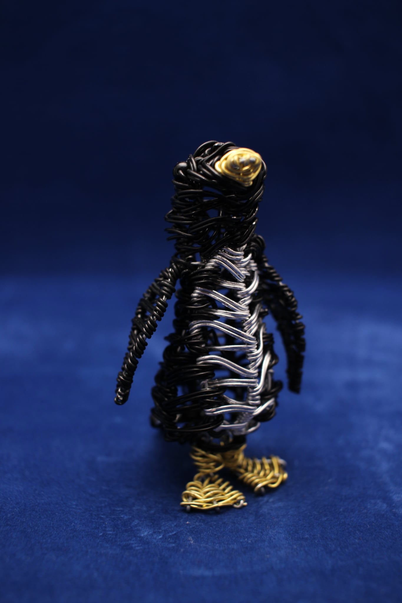 Black Silver & Gold Wire Penguin Sculpture – Handmade Art