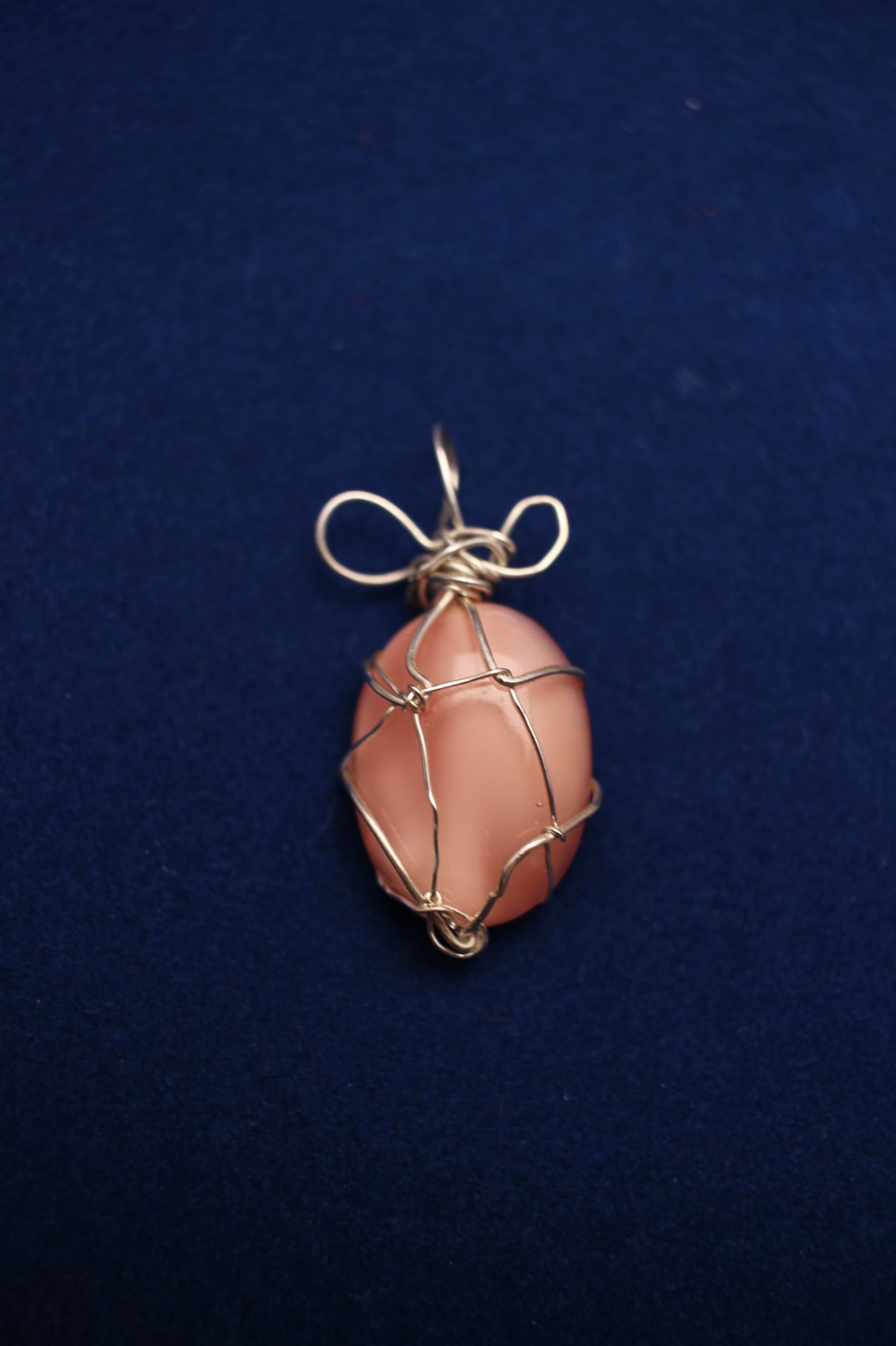 Pink Quartz Stone Cage-Wrapped Pendant with swirling Loops