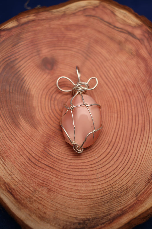 Pink Quartz Stone Cage-Wrapped Pendant with swirling Loops