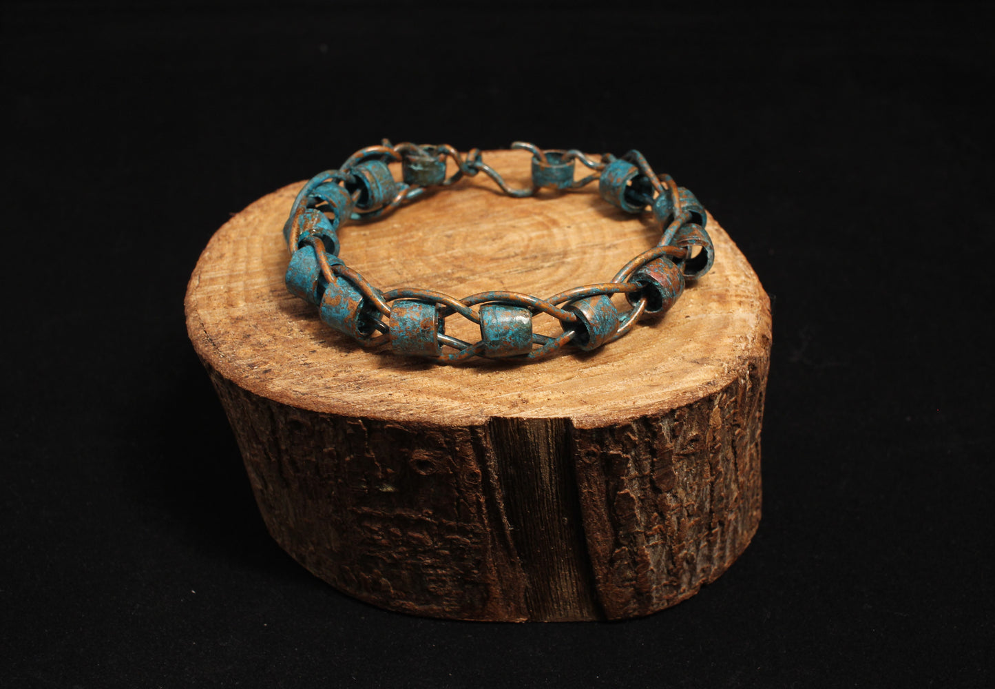 unusual Copper Wire Braided Bangle with Tubular Links - Blue Patina & Lacquered