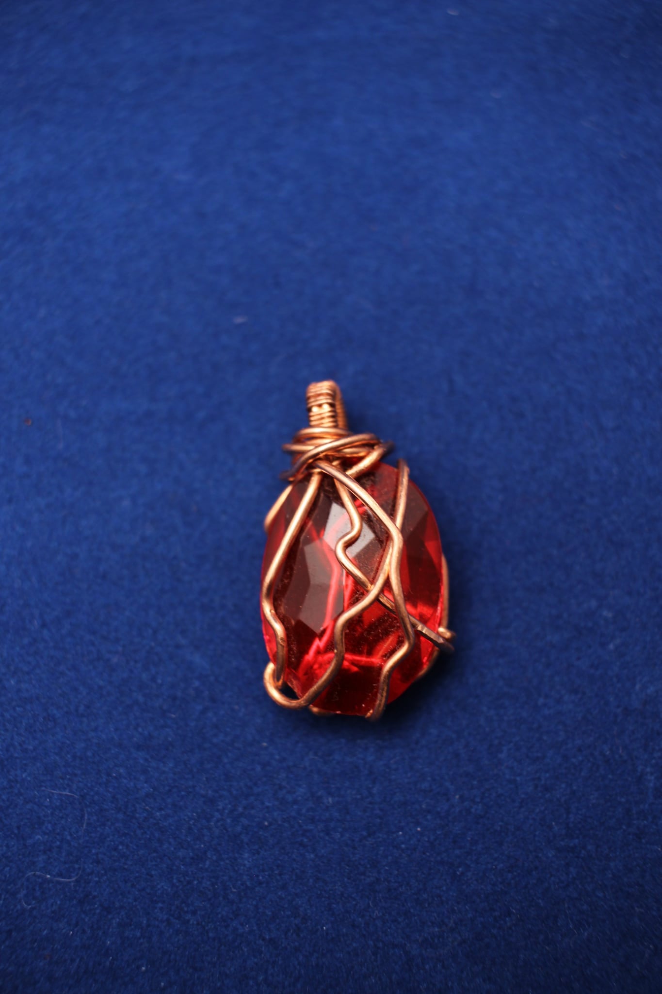 Handmade Red Crystal Pendant Wrapped in Copper Wire