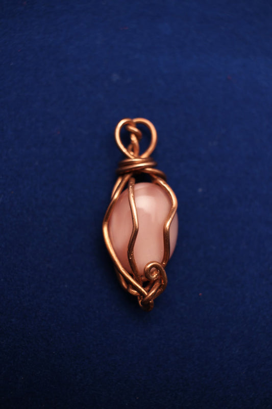 Pink Stone Pendant with Artistic Copper Wire Wrap