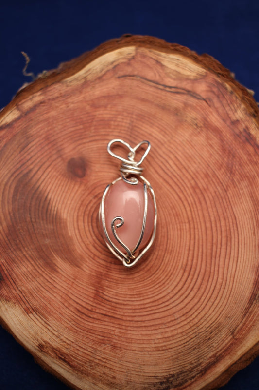 Pink Quartz Stone Wire-Wrapped Pendant with Heart Loop