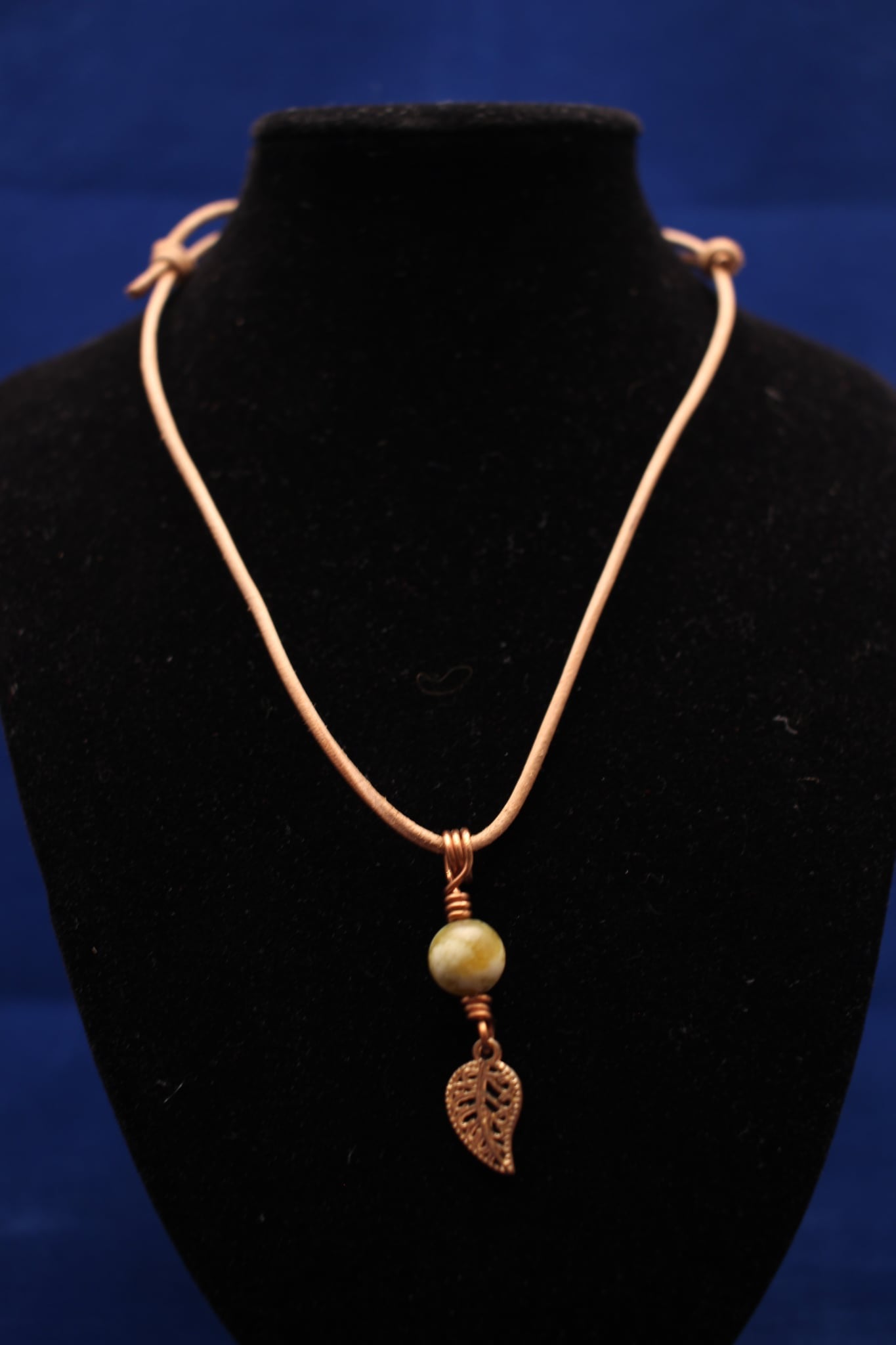 Handmade Copper Leaf Pendant Necklace with Natural Stone Bead