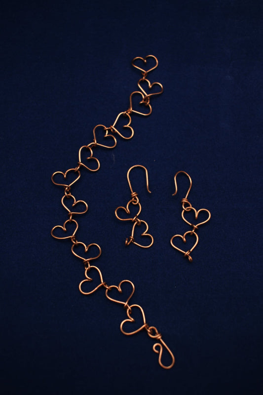Copper Wire Heart Earrings and Bracelet Set– Handmade Romantic Jewellery