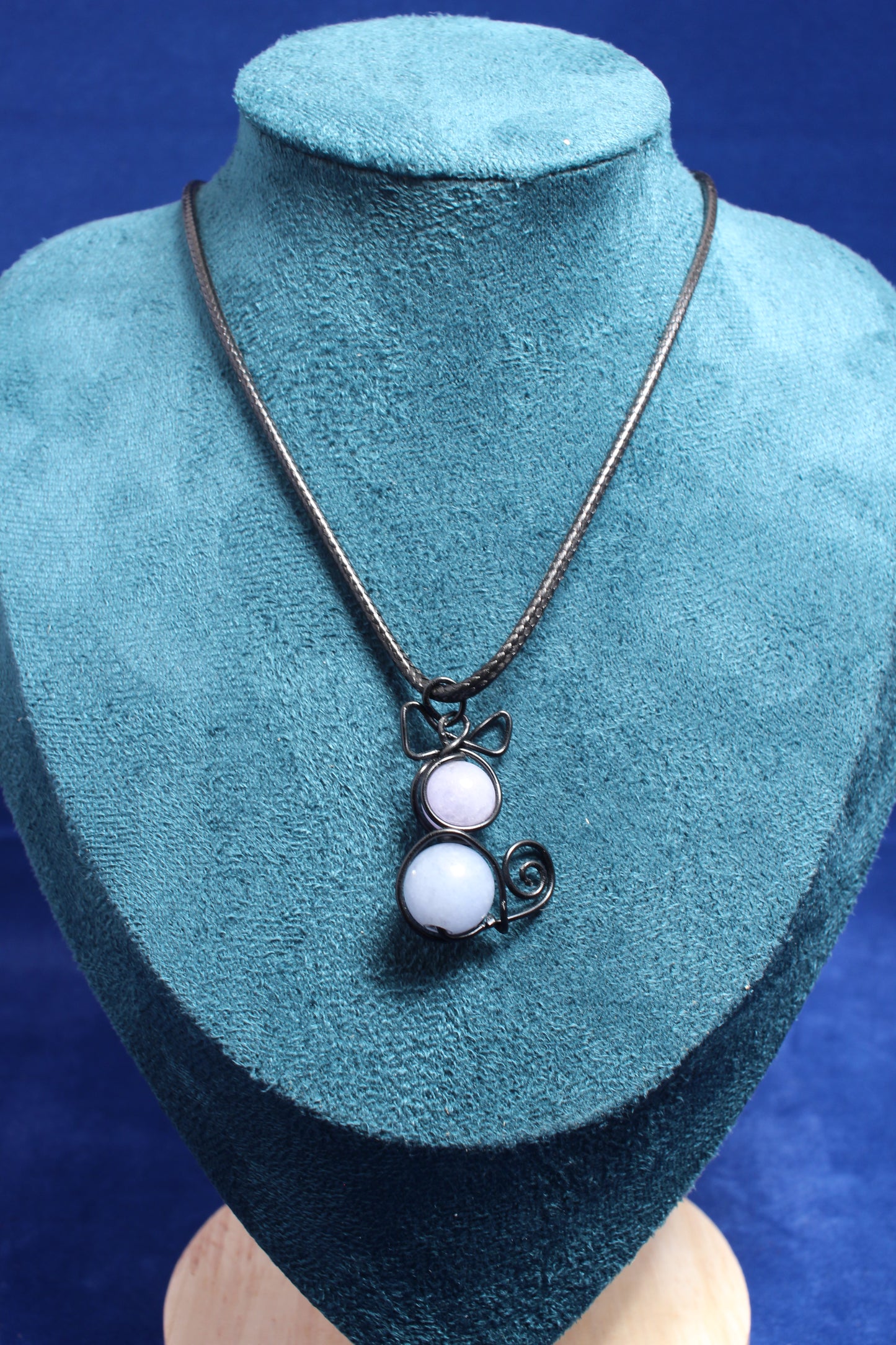 Aquamarine Gemstone Cat Pendant on Black Leather Cord