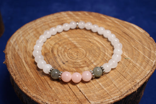 6mm Gemstone Bracelet with Milky Quartz, Rose Quartz and Labradorite