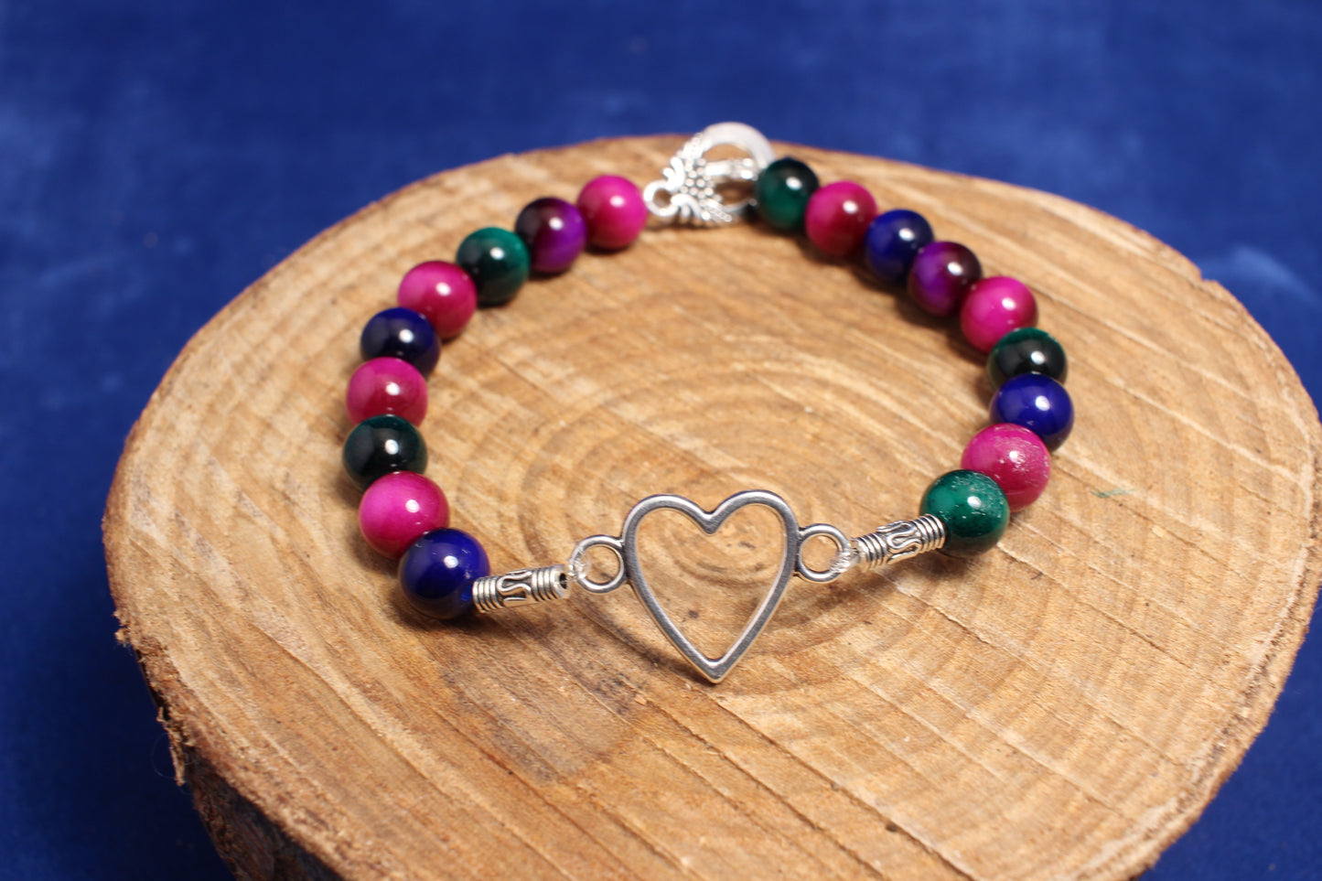 Dyed Agate, Malachite & Lapis Lazuli Bracelet with Steel Cross Bar Closure