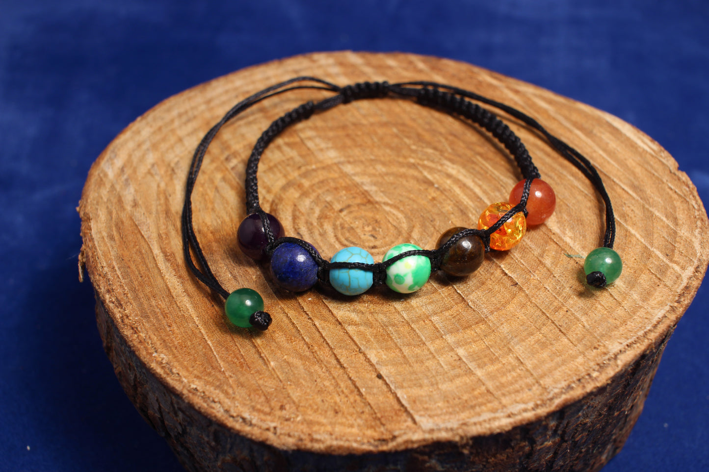 8mm with round shakra beads with black woven adjustable cord bracelet