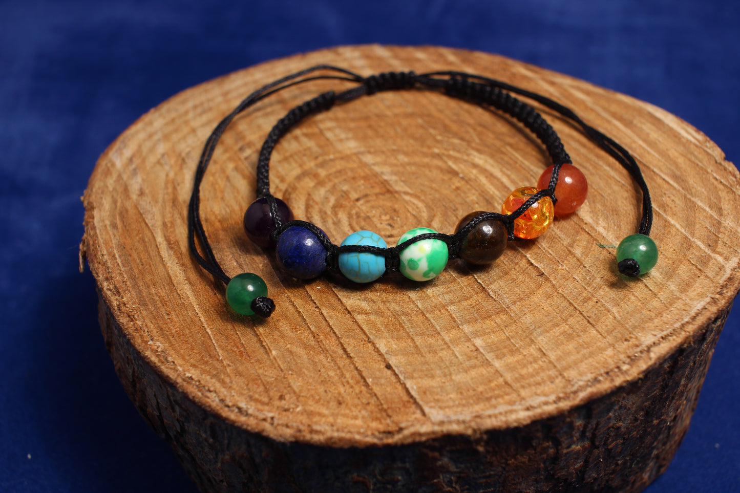 8mm with round shakra beads with black woven adjustable cord bracelet