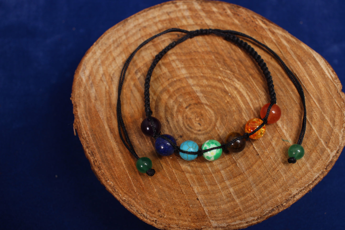 8mm with round shakra beads with black woven adjustable cord bracelet