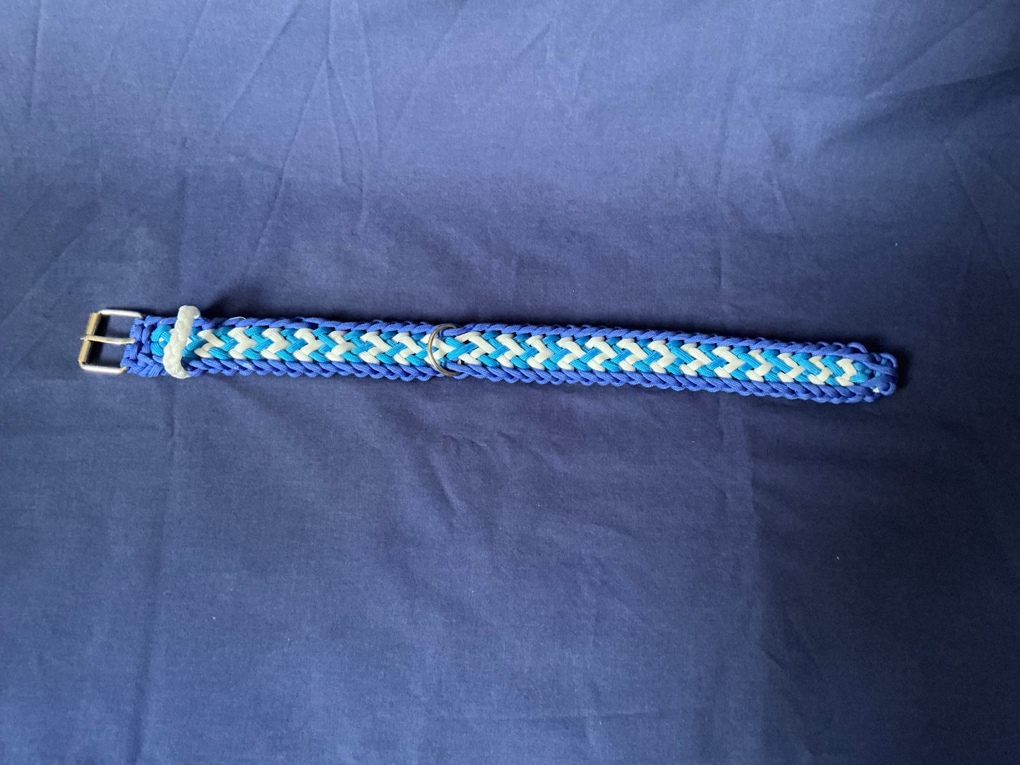 1.5” wide 19” long Light & Dark Blue, with white Crown Tail Paracord Adjustable Dog Collar.