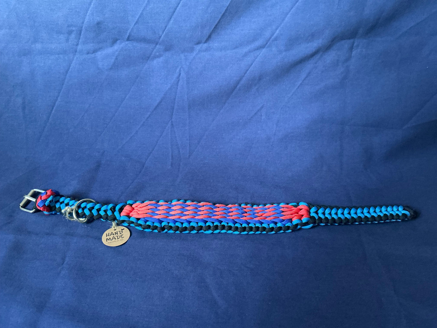 1.5” Wide 17” Long Light and dark Blue, Red & Black Candy striped Braided Paracord DogCollar Semi Adjustable.