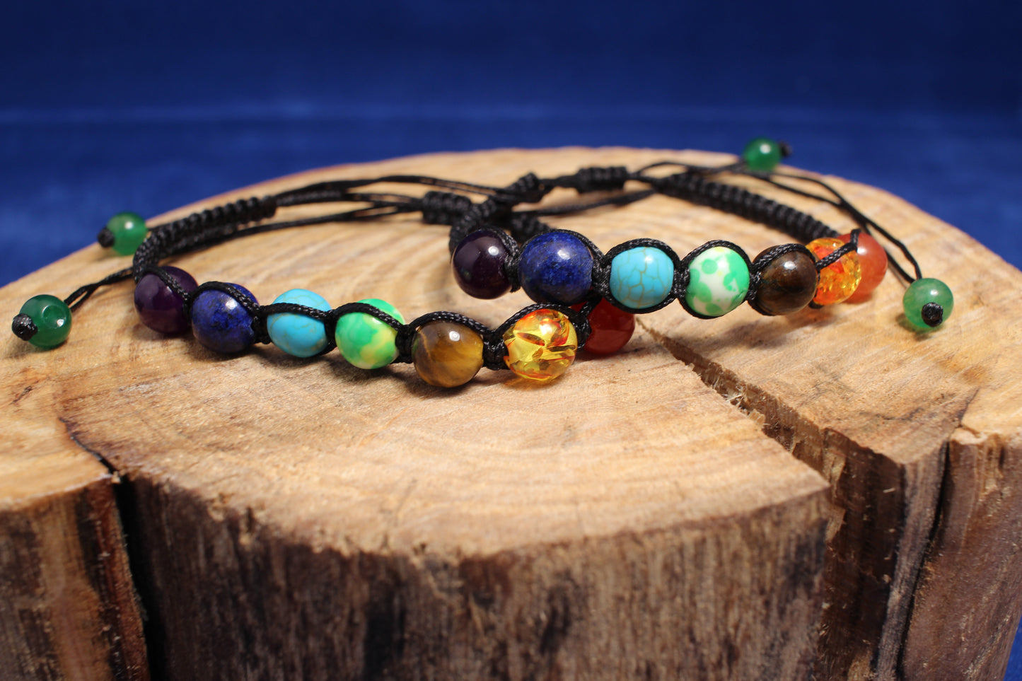 8mm with round shakra beads with black woven adjustable cord bracelet