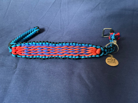 1.5” Wide 17” Long Light and dark Blue, Red & Black Candy striped Braided Paracord DogCollar Semi Adjustable.