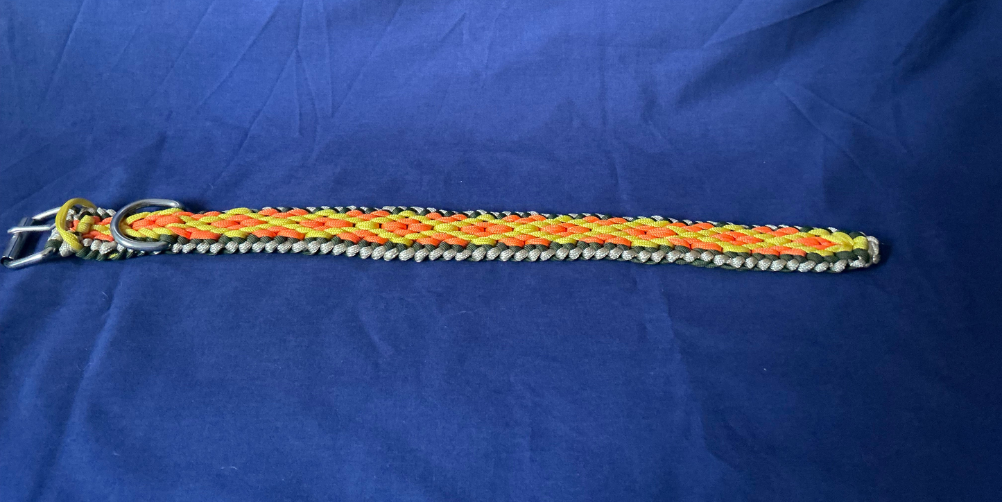 Wide Diamond Pattern Orange, Yellow, Cream & Green Braided Paracord Dog Collar