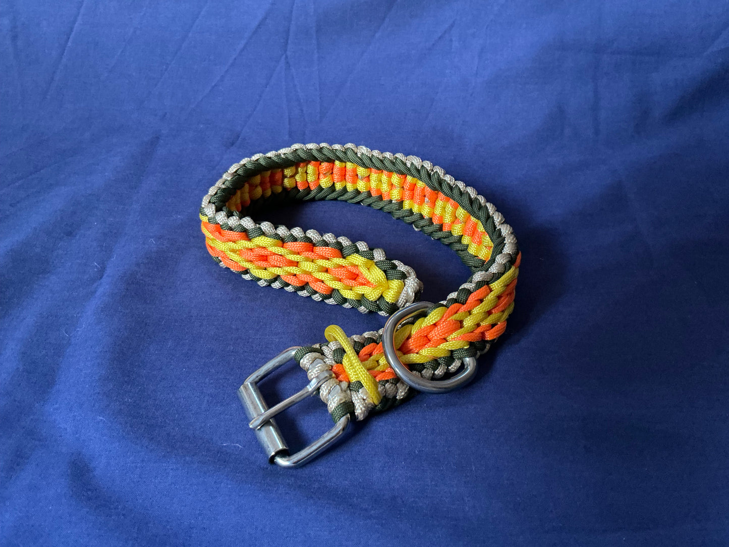 Wide Diamond Pattern Orange, Yellow, Cream & Green Braided Paracord Dog Collar