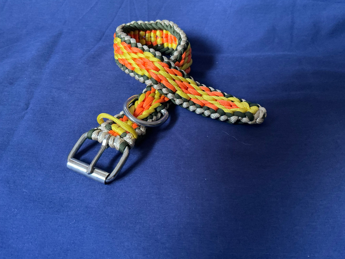Wide Diamond Pattern Orange, Yellow, Cream & Green Braided Paracord Dog Collar